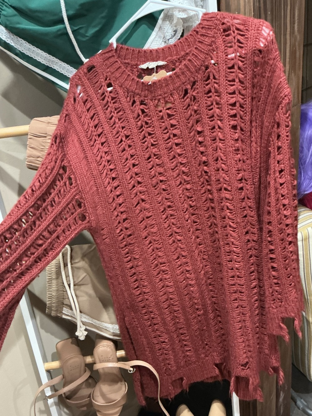 Open-Knit Distressed Crewneck Sweater in Rust Red
